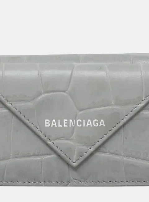Balenciaga Papier Mini Wallet Light Grey Crocodile Embossed Leather Wallet