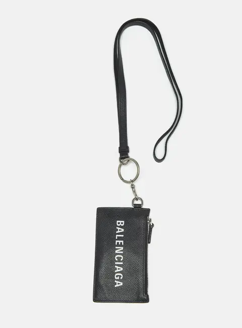 Balenciaga Cash Black Leather Card Holder Lanyard