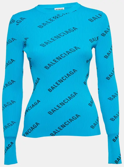 Balenciaga Blue Logo Print Rib Knit Full Sleeve Top S