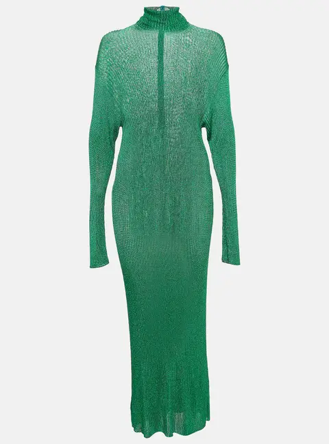 Balenciaga Green Metallic Rib Knit Turtle Neck Maxi Dress S