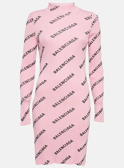 Balenciaga Pink Logo Print Rib Knit Bodycon Dress M