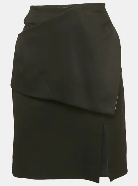 Balenciaga Black And Pink Gabardine Asymmetrical Overlap Pencil Skirt L