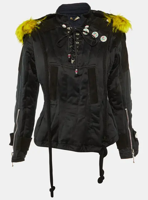 Balenciaga Black Cotton Detachable Fur Hood Button Detail Jacket M