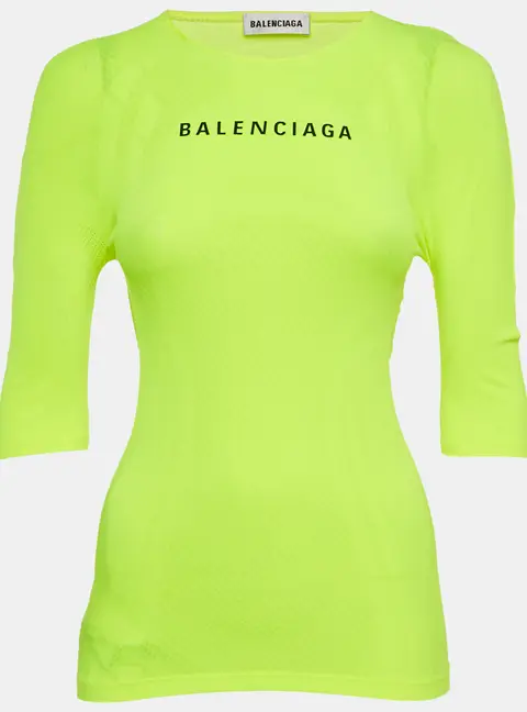Balenciaga Acid Green Logo Print Mesh Jersey Fitted Top S