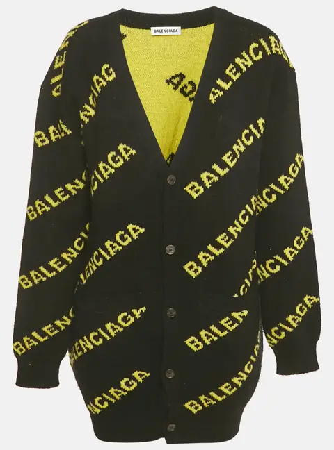 Balenciaga Black Logo Intarsia Wool Knit Long Cardigan L