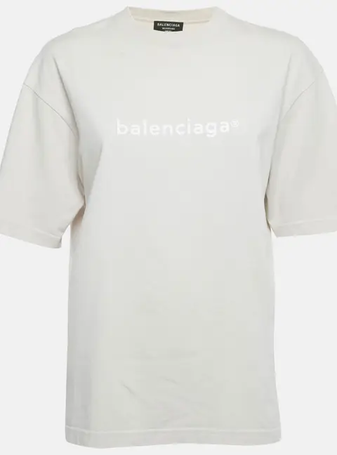 Balenciaga Beige Logo Print Cotton Crewneck T-Shirt XXS