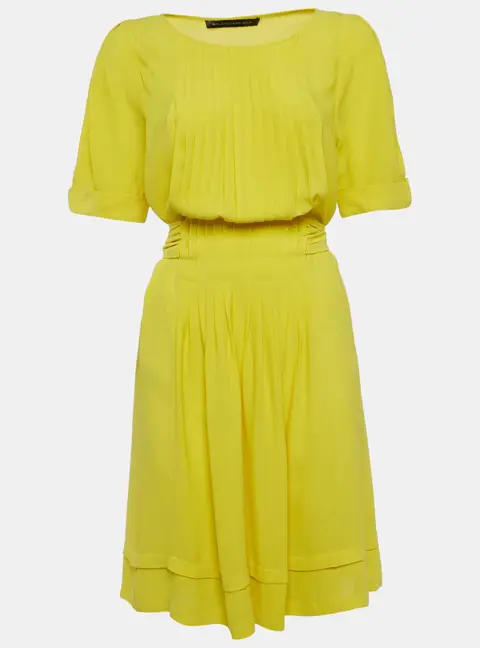 Balenciaga Yellow Silk Puff Sleeve Pleated Mini Dress M