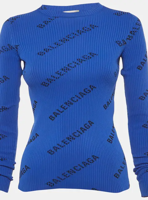 Balenciaga Blue Logo Print All-Over Rib Knit Pullover XS