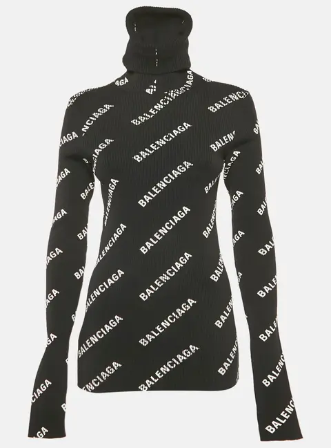 Balenciaga Black Logo Print Rib Knit Turtleneck Sweater M