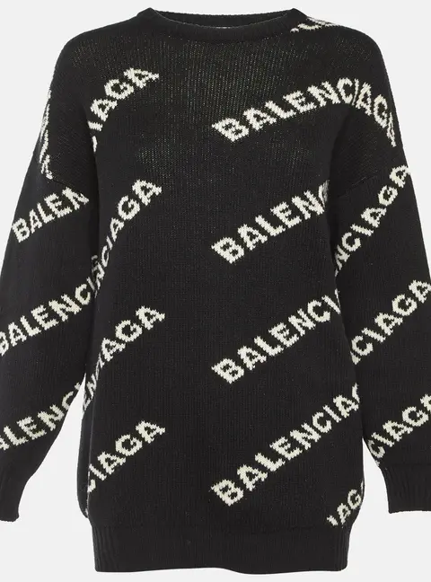 Balenciaga Black All Over Logo Wool Blend Knit Sweater M