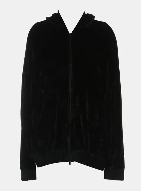 Balenciaga F/W 2023 Black Velour Zip Up Logo-Embellished Hoodie Jacket