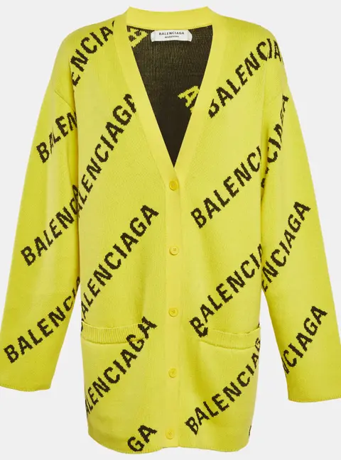 Balenciaga Yellow Logo All Over Knit Cardigan M