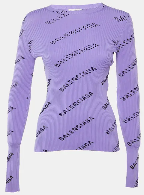 Balenciaga Purple All Over Logo Rib Knit Long Sleeve Jumper XS