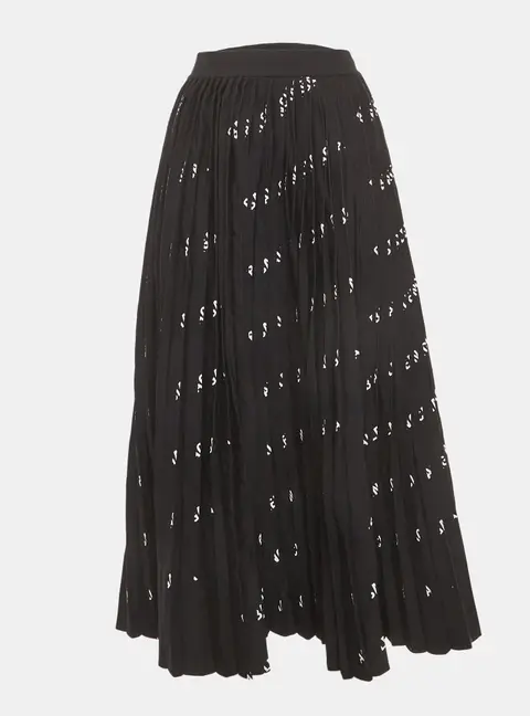 Balenciaga Black Logo Print Knit Pleated Midi Skirt XS