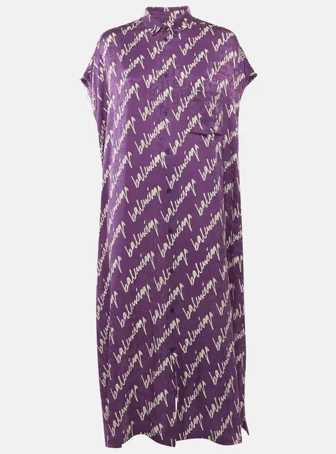 Balenciaga Purple Scribble Print Silk Jacquard Rawcut Midi Dress M