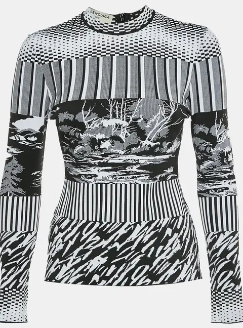 Balenciaga Black/White Abstract Print Knit Long Sleeves Top S