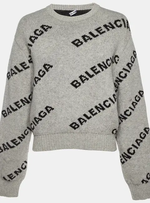 Balenciaga Grey Wool Blend Allover Logo Crewneck Sweater M