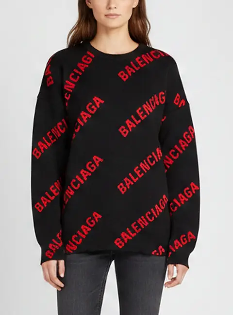 Balenciaga Black/Red All Over Logo Intarsia Knit Crewneck Sweater XL