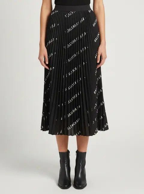 Balenciaga Black Logo Print Knit Pleated Maxi Skirt S