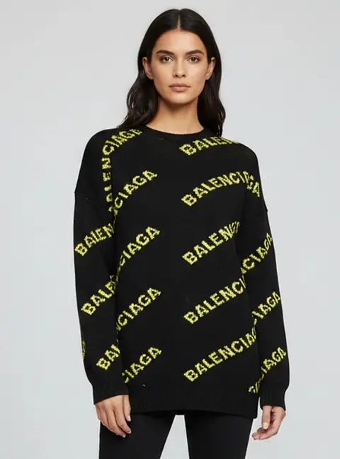 Balenciaga Black/Yellow All Over Logo Intarsia Knit Crewneck Sweater M