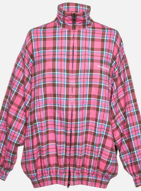 Balenciaga Pink Plaid Flannel Oversized Zip Up Jacket M