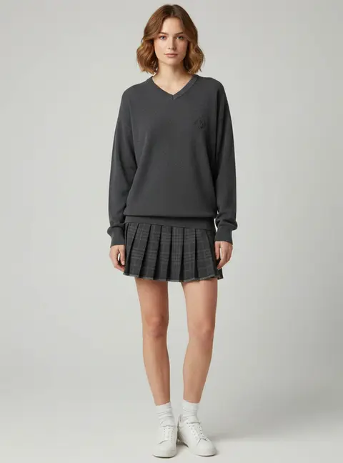 Balenciaga Grey Wool Pleated Long Sleeve Short Dress L
