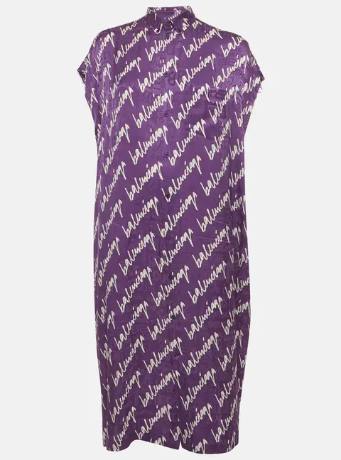 Balenciaga Purple Scribbled Silk Jacquard Rawcut Dress XXS