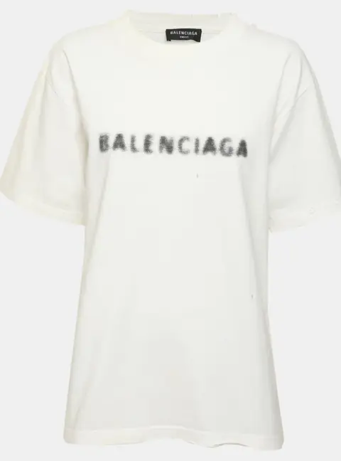 Balenciaga White Jersey Blurry Logo Distressed T-Shirt M