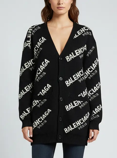 Balenciaga Black/White Logo Intarsia Knit V-Neck Long Cardigan L