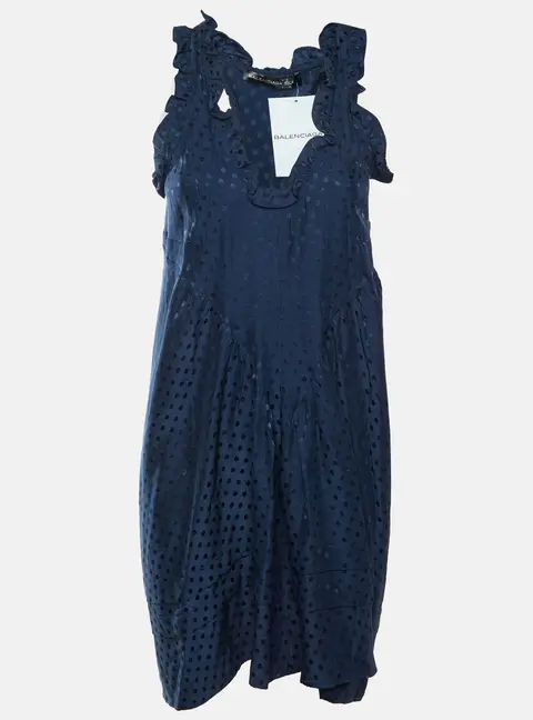 Balenciaga Teal Blue Polka Dot Pattern Satin Ruffled Mini Dress M