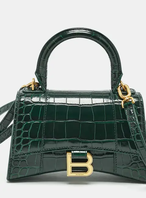 Balenciaga Hourglass XS Green Croc Embossed Leather Top Handle Bags