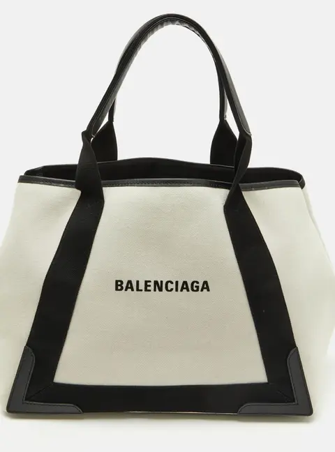 Balenciaga Off White/Black Canvas and Leather S Navy Cabas Tote