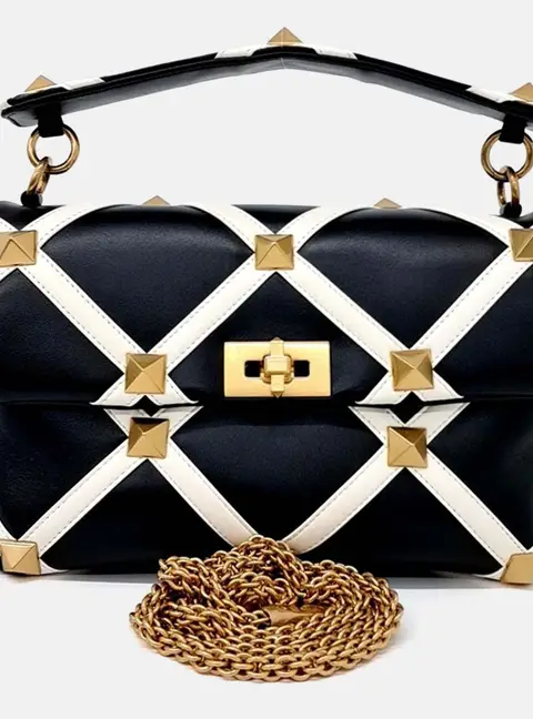 Valentino Black/Ivory Leather Rockstud Top Handle Bag