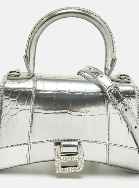Balenciaga Hourglass XS Silver Croc Embossed Leather Top Handle Bag