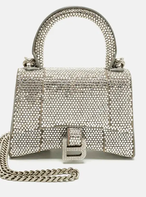 Balenciaga Hourglass Crystal Mini Silver Suede Top Handle Bag