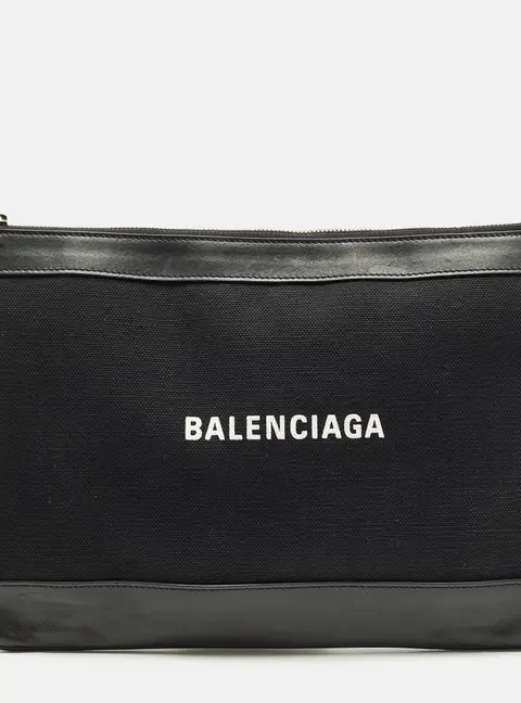 Balenciaga Navy Clip Black Canvas and Leather Zip Pouch