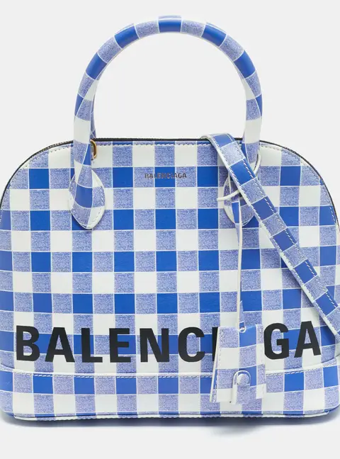 Balenciaga Ville Small Blue/White Checkered Leather Satchel
