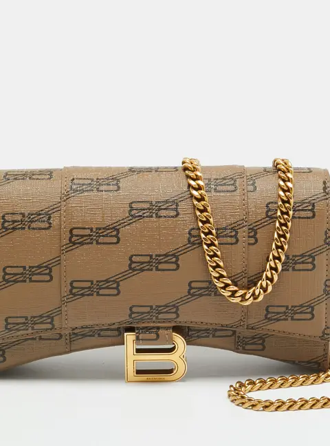 Balenciaga Hourglass Beige/Brown BB Monogram Coated Canvas Wallet On Chain