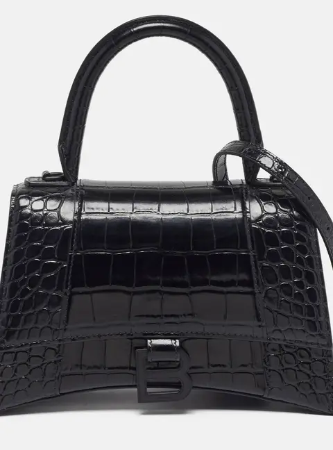Balenciaga Hourglass Small Black Croc Embossed Leather Top Handle Bag