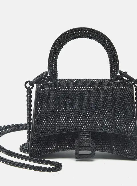 Balenciaga Black Suede Crystals Embellished Nano Hourglass Top Handle Bag