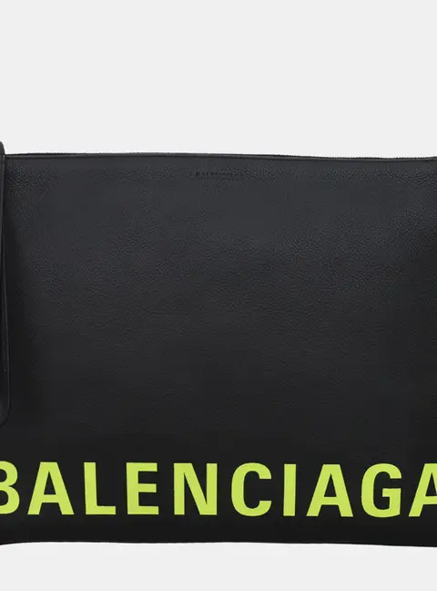 Balenciaga Large Black Grained Leather Wristlet Clutch Bag