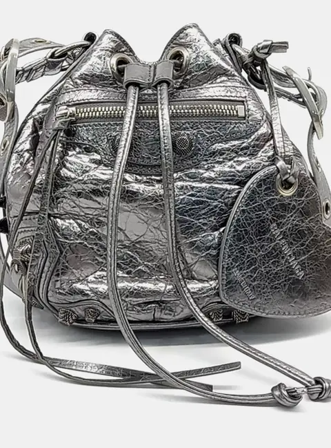 Balenciaga Silver Leather Le Cagol Bucket Bag XS