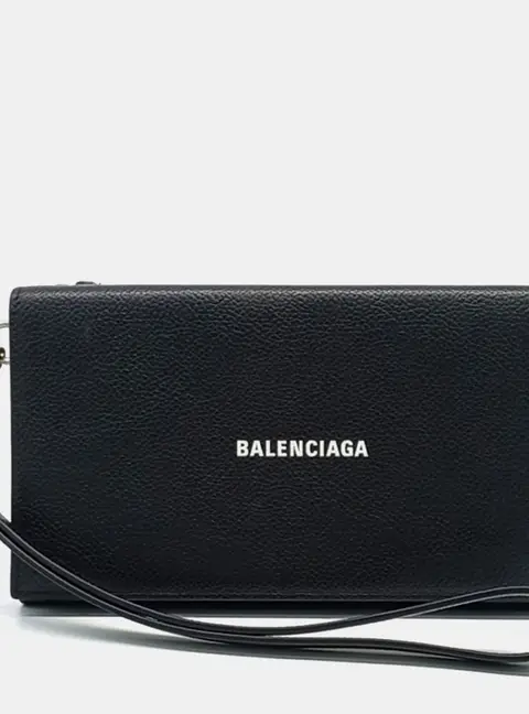 Balenciaga Logo Medium Black Grained Leather Wristlet Bag