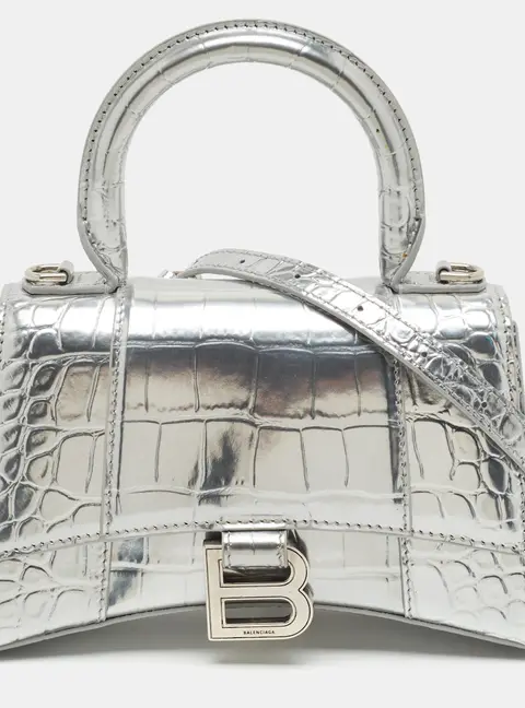 Balenciaga Hourglass XS Silver Croc Embossed Patent Leather Top Handle Bag