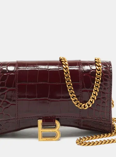 Balenciaga Hourglass Burgundy Croc Embossed Leather Wallet On Chain