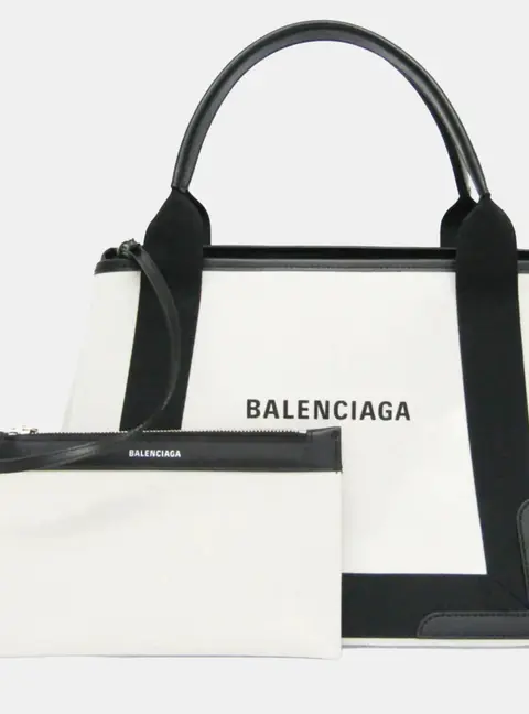Balenciaga Navy Cabas S White Black Canvas Leather Top Handle Bag