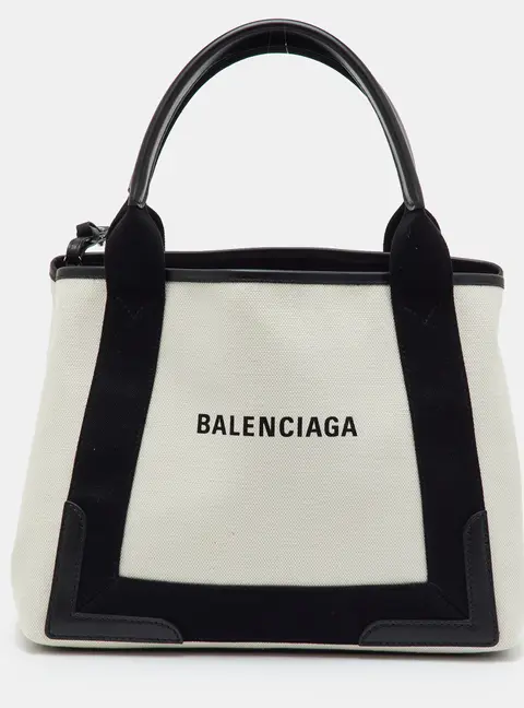 Balenciaga S Navy Cabas Off White/Black Canvas and Leather Tote