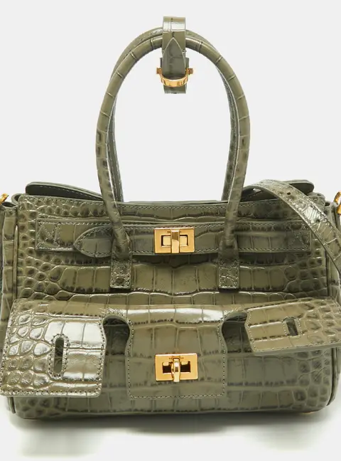 Balenciaga Bel Air Mini Light Green Croc Embossed Leather Carryall Bag