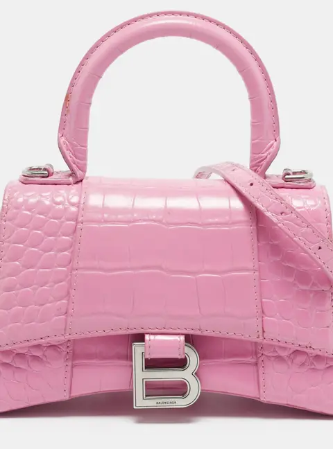 Balenciaga Hourglass XS Pink Croc Embossed Leather Top Handle Bag