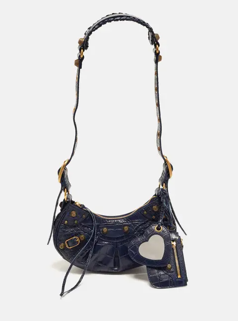 Balenciaga Le Cagole XS Dark Blue Croc Embossed Leather Shoulder Bag